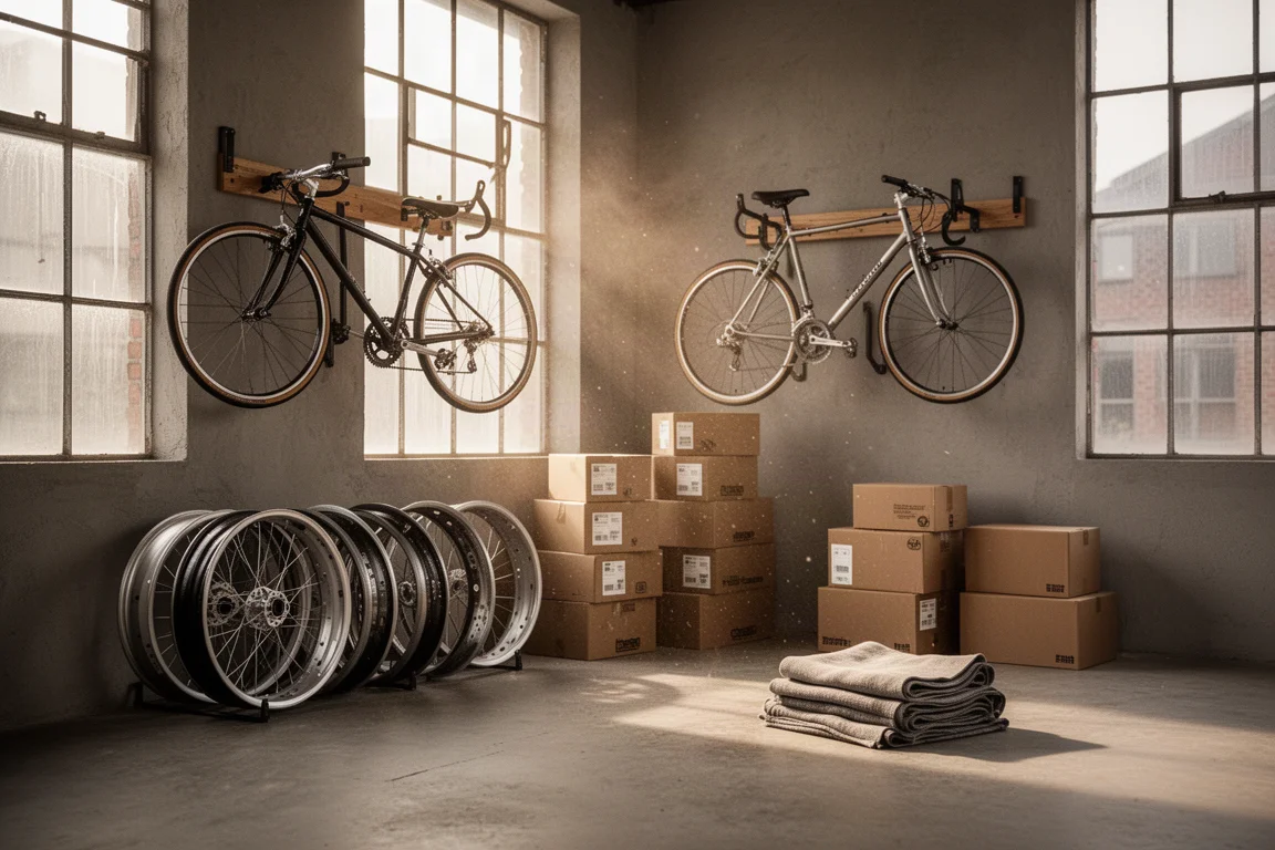Ruhige Sammlerwerkstatt mit wandmontiertem Fahrradständer und gestapelten Vintage-Laufradkartons
