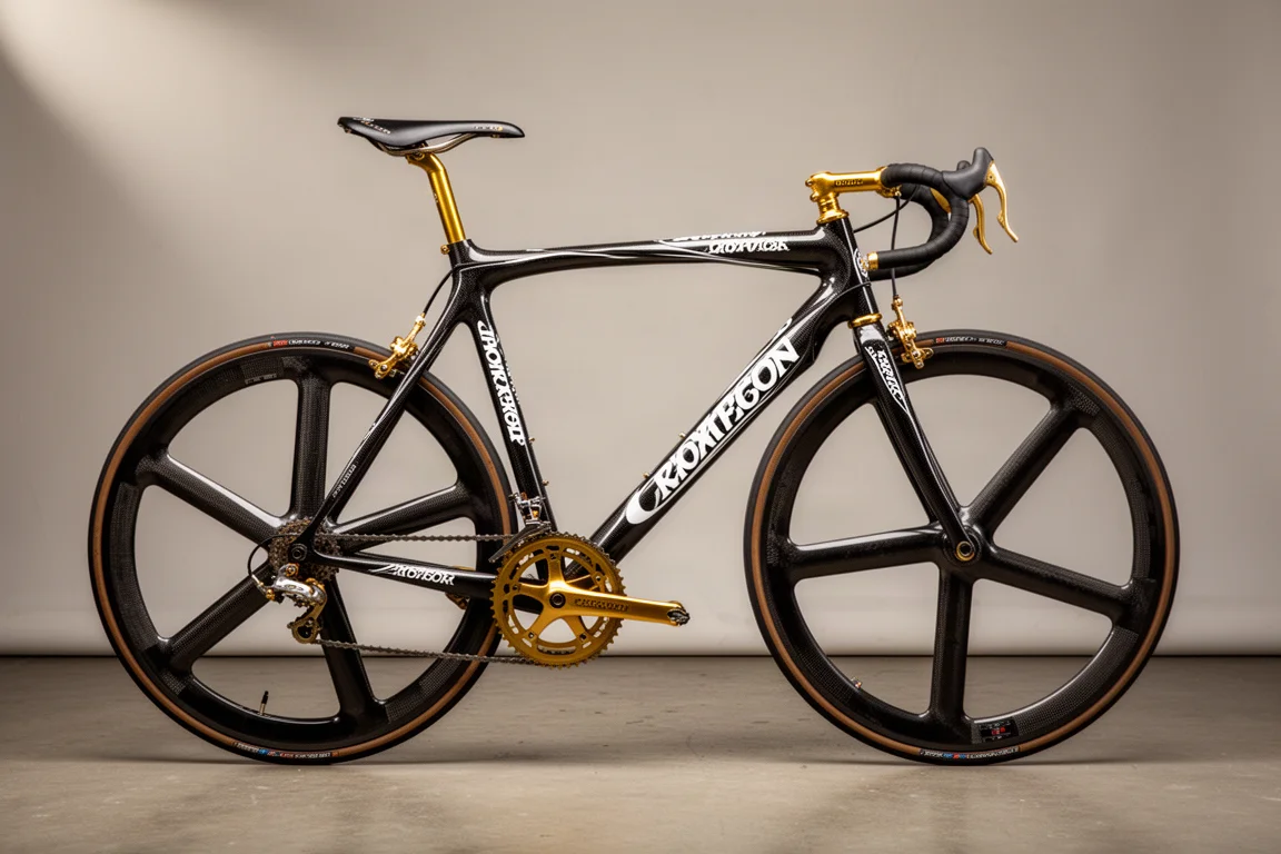 Zeldzame carbon-kevlar racefiets met witte belettering, gouden componenten en vijfspaaks carbonwielen