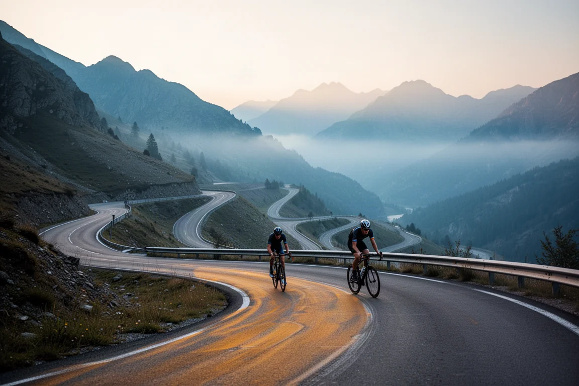 Rennradfahrer beim Anstieg über einen Bergpass im Morgengrauen, Nebel im Tal