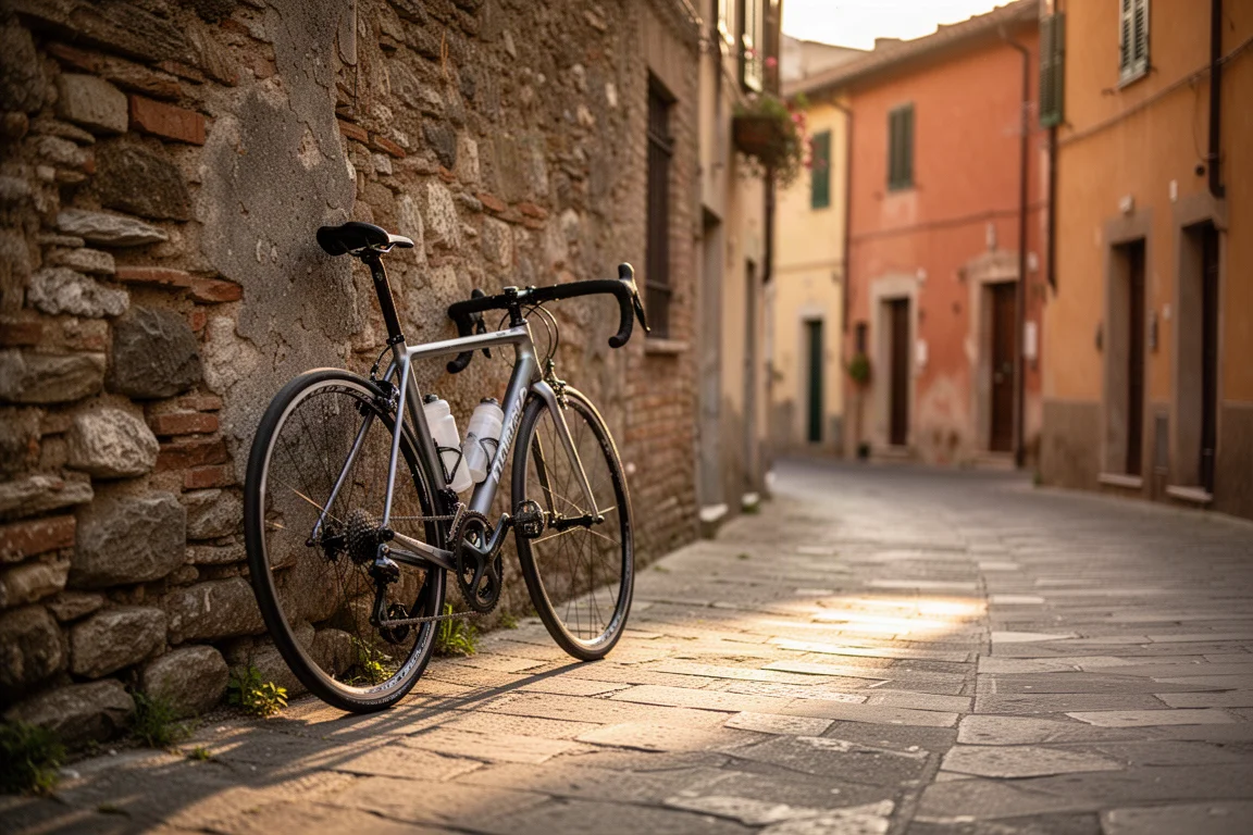 Rennrad an einer Steinmauer in einer italienischen Dorfstraße zur goldenen Stunde
