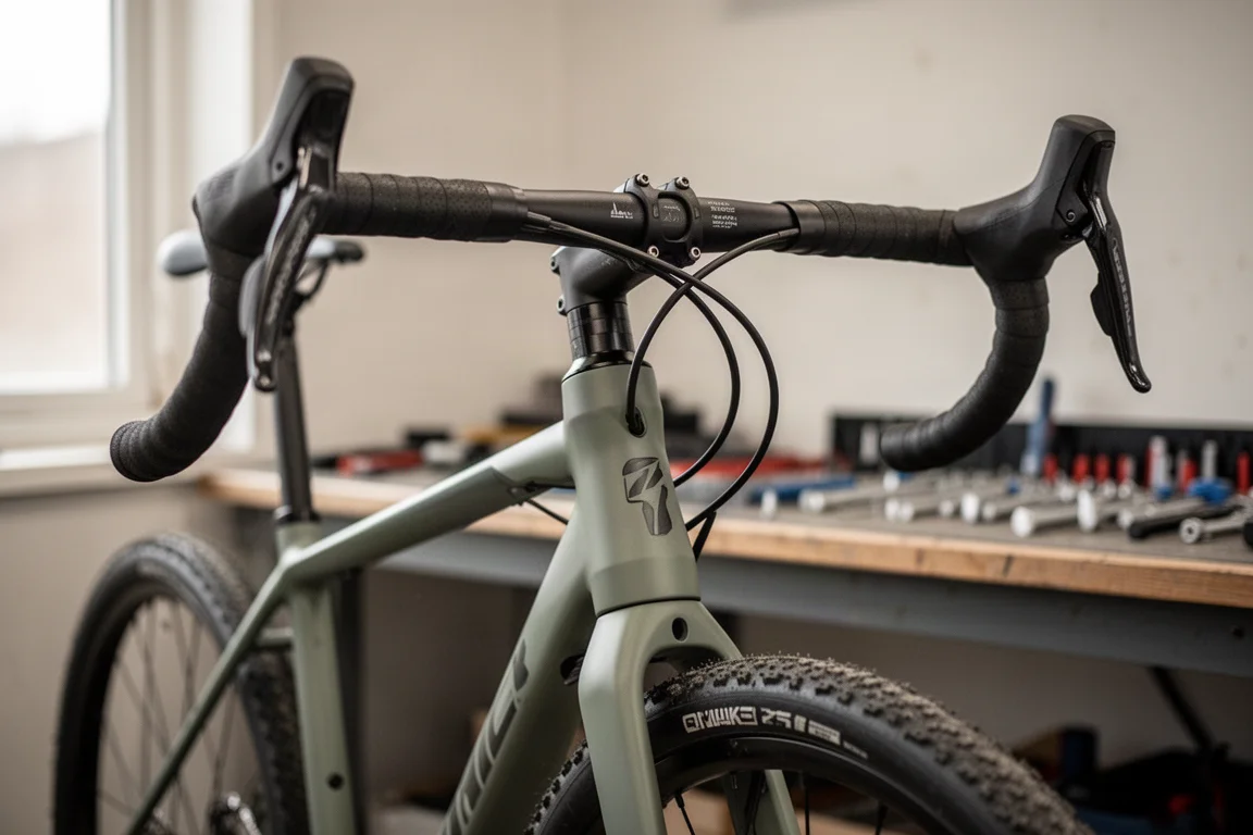 Close-up van het voorfront van een gravelbike met een racestuur met flare in een werkplaats
