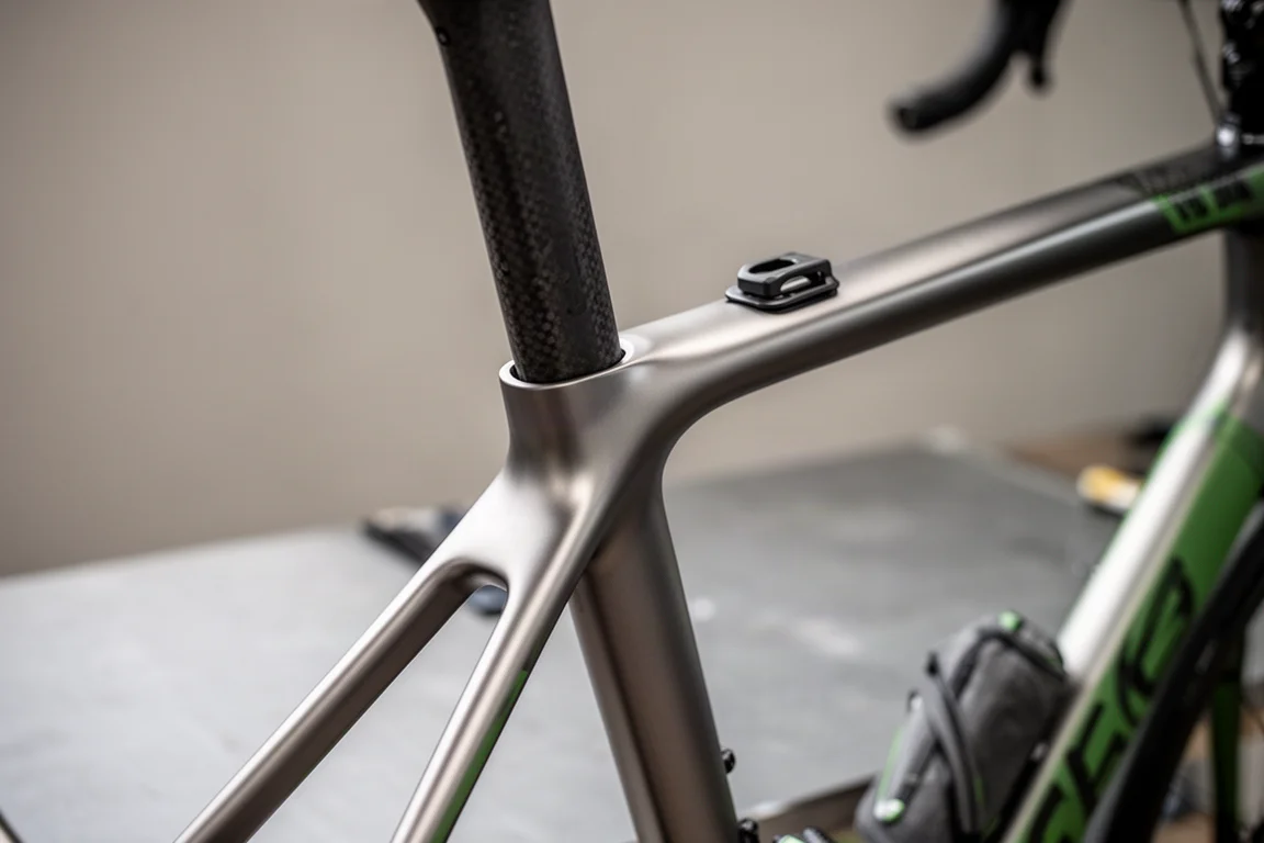 Detail van een carbon frameverbinding met een bevestigingspunt voor een tasje op de bovenbuis