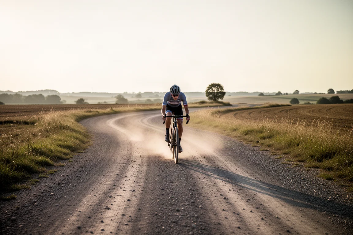 Gravelrijder op een kronkelende onverharde weg door een open landschap