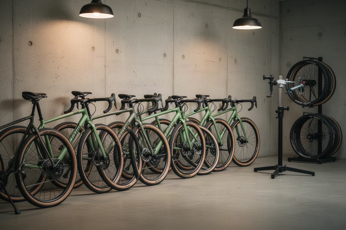 Rij gravelbikes naast elkaar in een fietsenwinkel onder warm licht