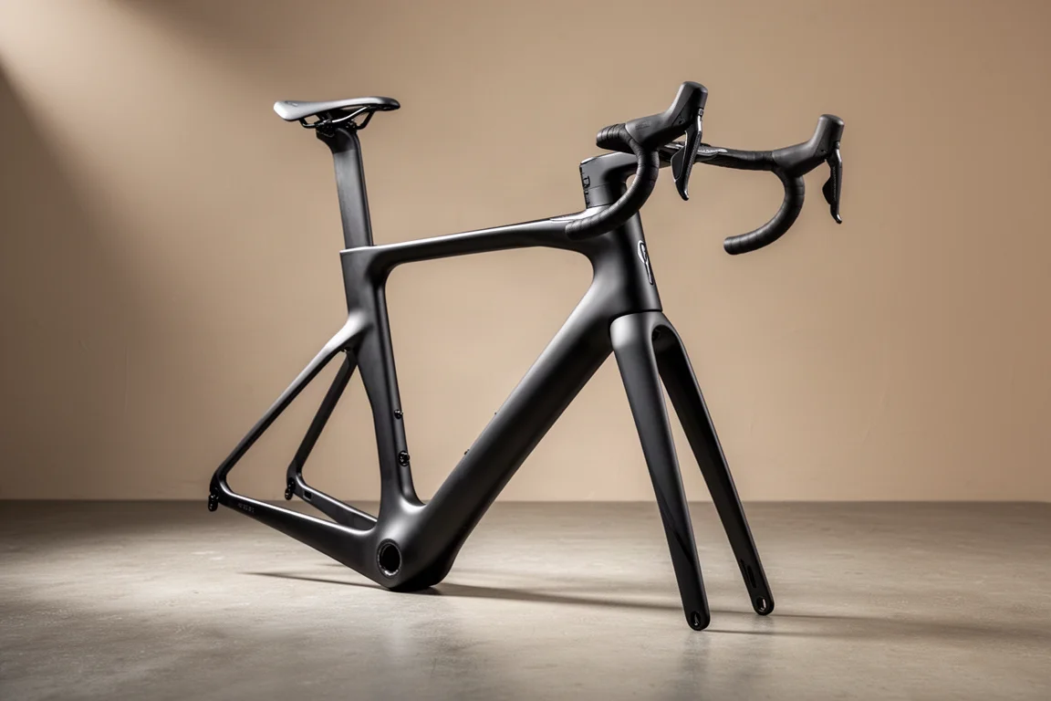 Donkere carbon racefiets met geïntegreerde cockpit op een betonnen ondergrond tegen een grijze achtergrond