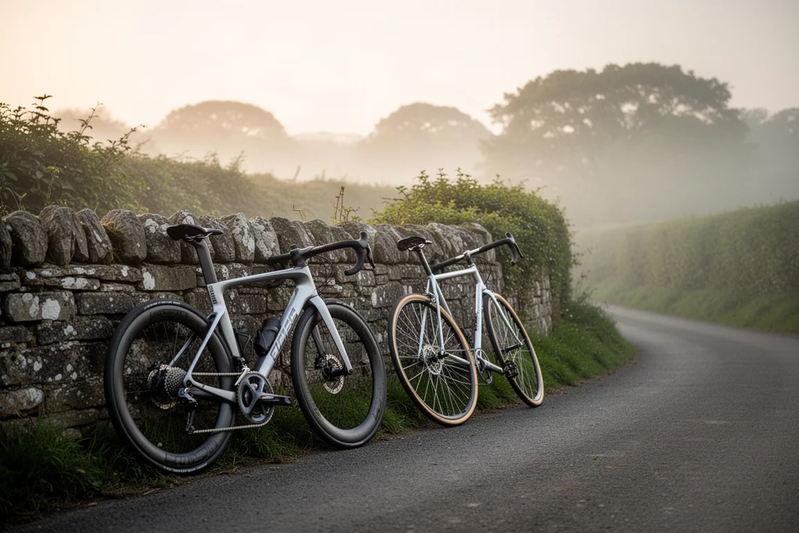 Two road bikes leaning against a stone wall on a quiet country lane