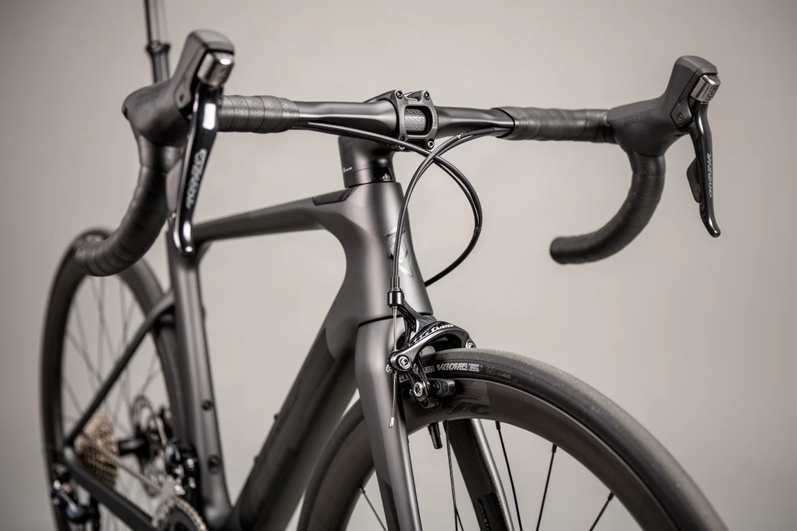 Close-up of a modern road bike integrated cockpit and disc brake
