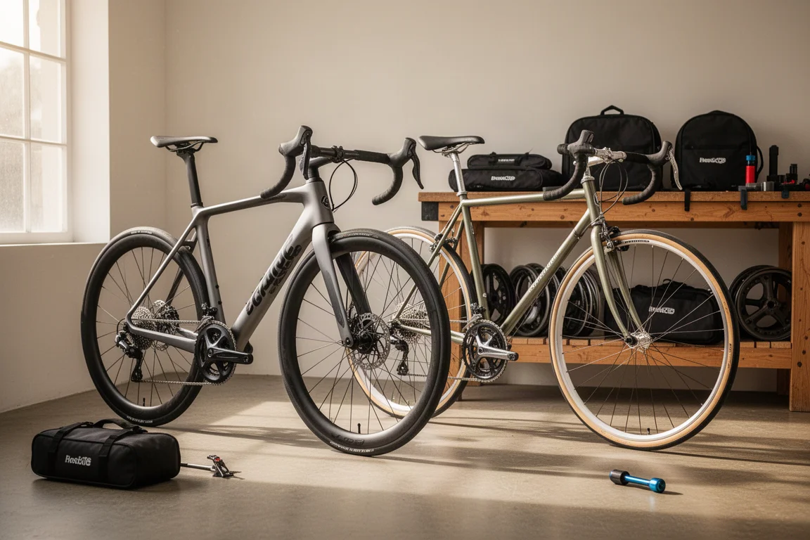 Two road bikes parked in a sunlit workshop with tools nearby