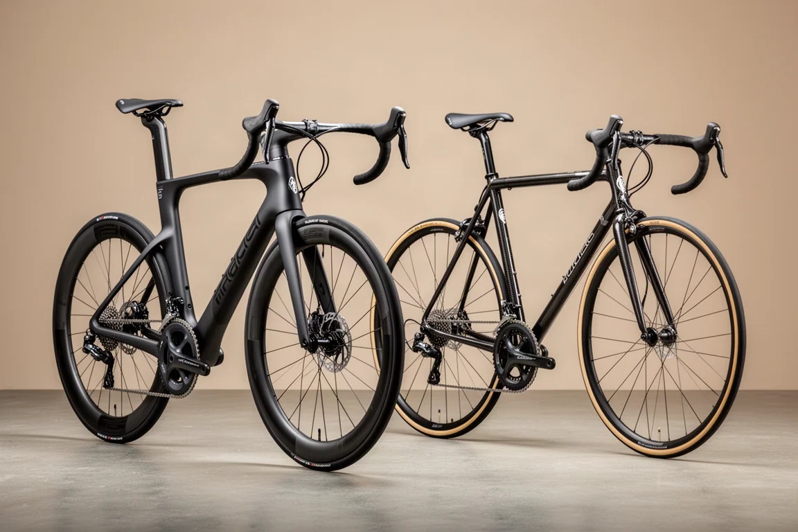 Moderne en klassieke Colnago carbon racefietsen naast elkaar in een studio