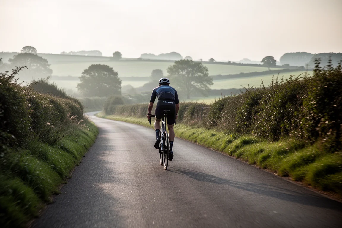 Cycliste sur route roulant vite sur une petite route de campagne vallonnée dans la lumière du petit matin