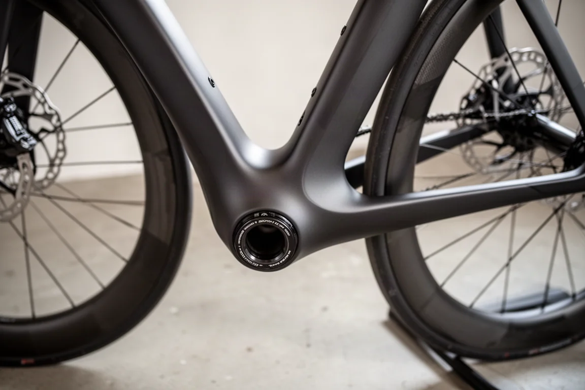 Gros plan sur la jonction d’un cadre de vélo de route en carbone moderne avec un disque de frein