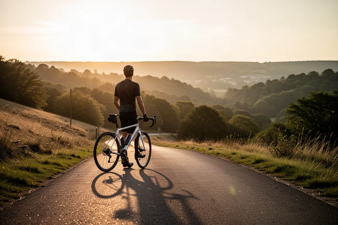 Cycliste se reposant au sommet d’une montée raide dans une lumière dorée de fin de journée