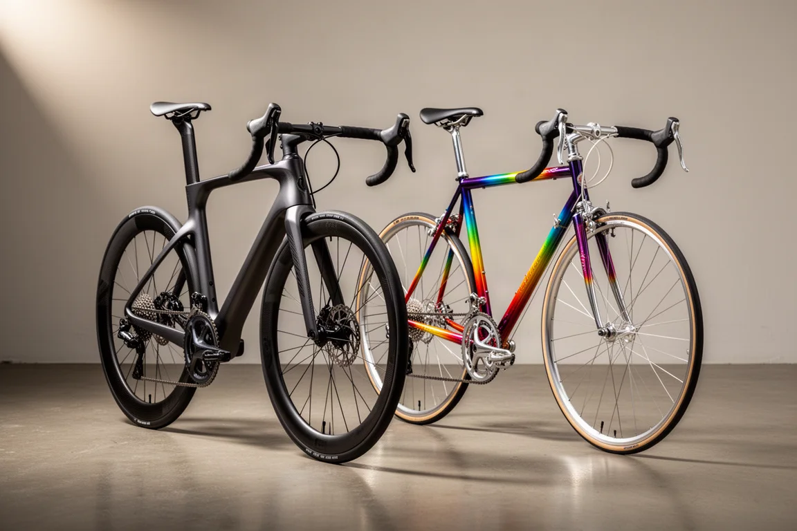 Modern carbon road bike and classic steel road bike side by side on concrete