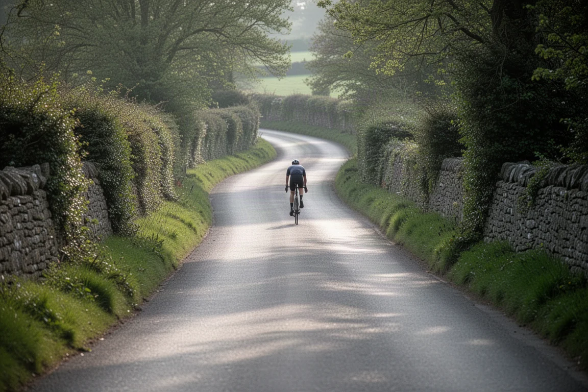 Road cyclist riding a quiet undulating country lane in soft late afternoon light