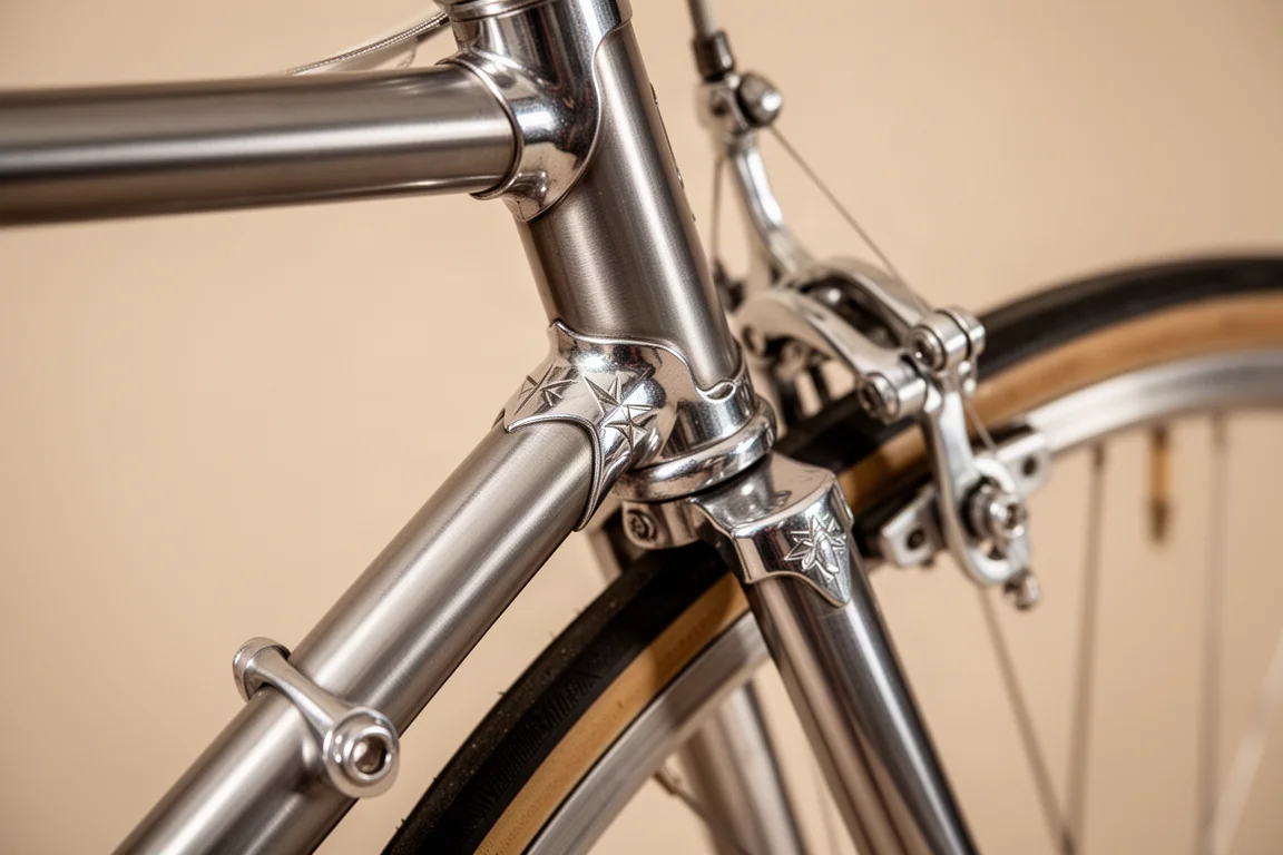Close-up of a slim steel road frame junction with polished aluminium components