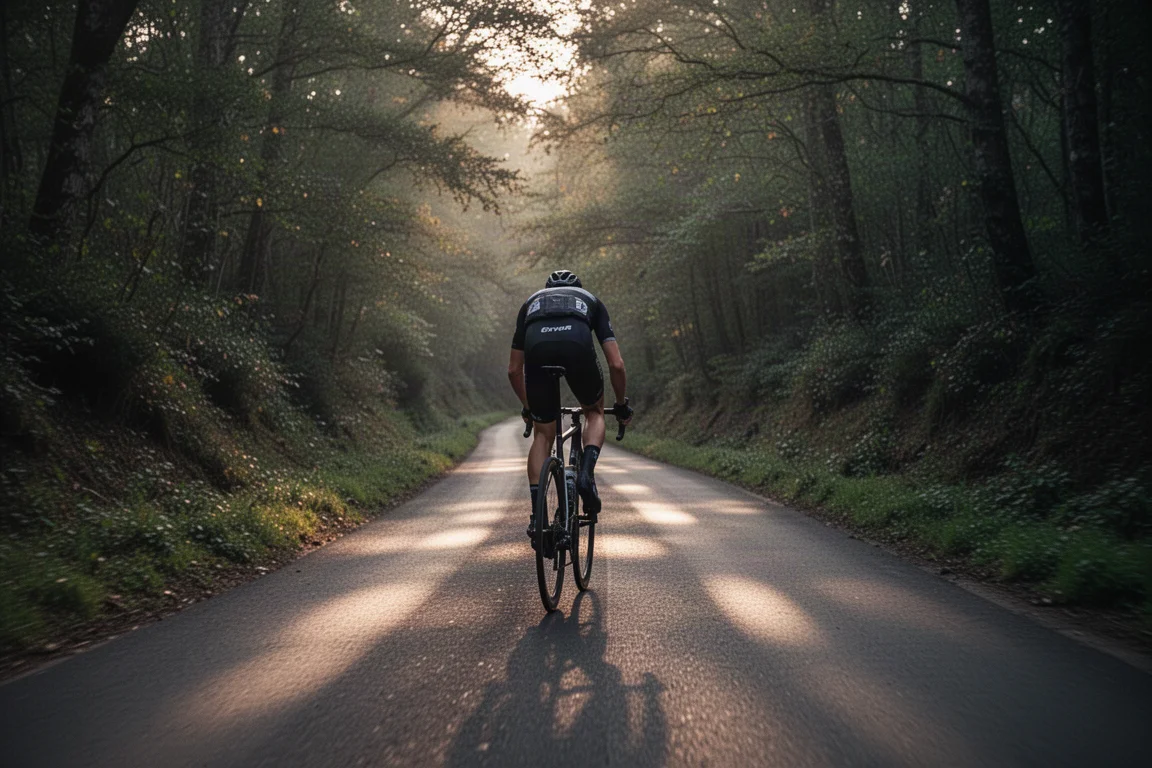 Cyclist climbing a steep wooded hill road out of the saddle in low evening light