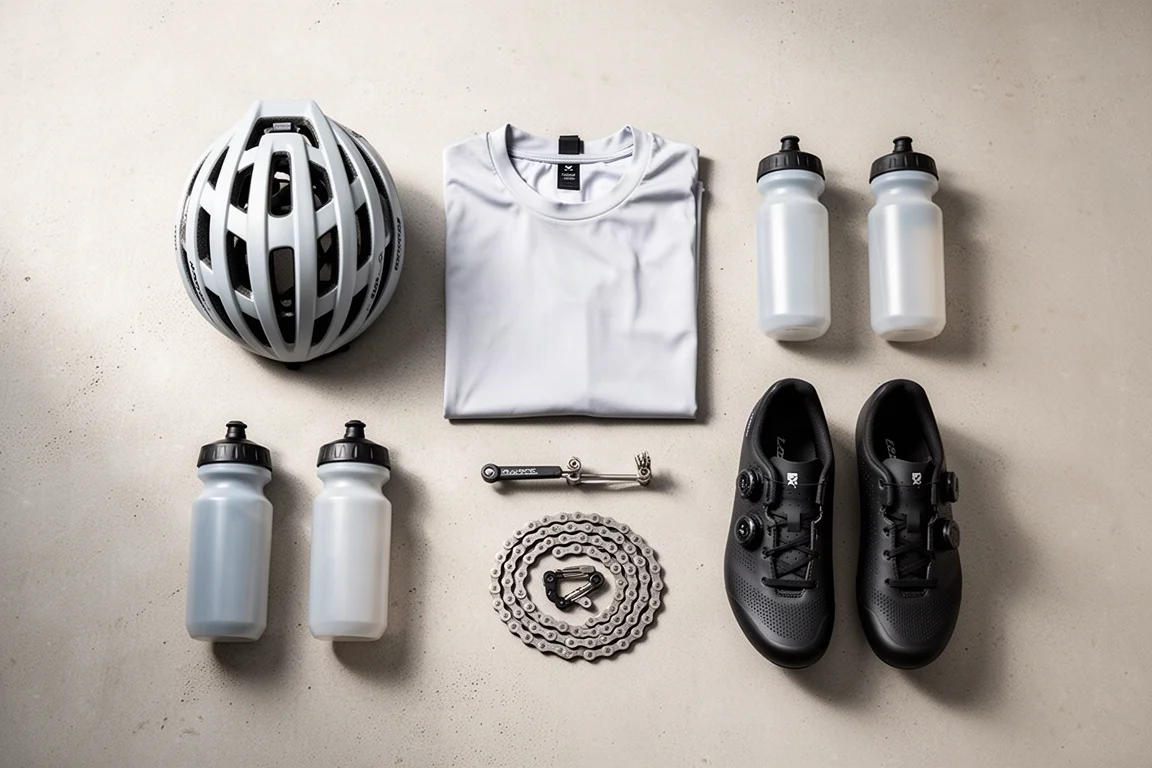 Overhead flat-lay of road cycling essentials arranged on a pale concrete surface