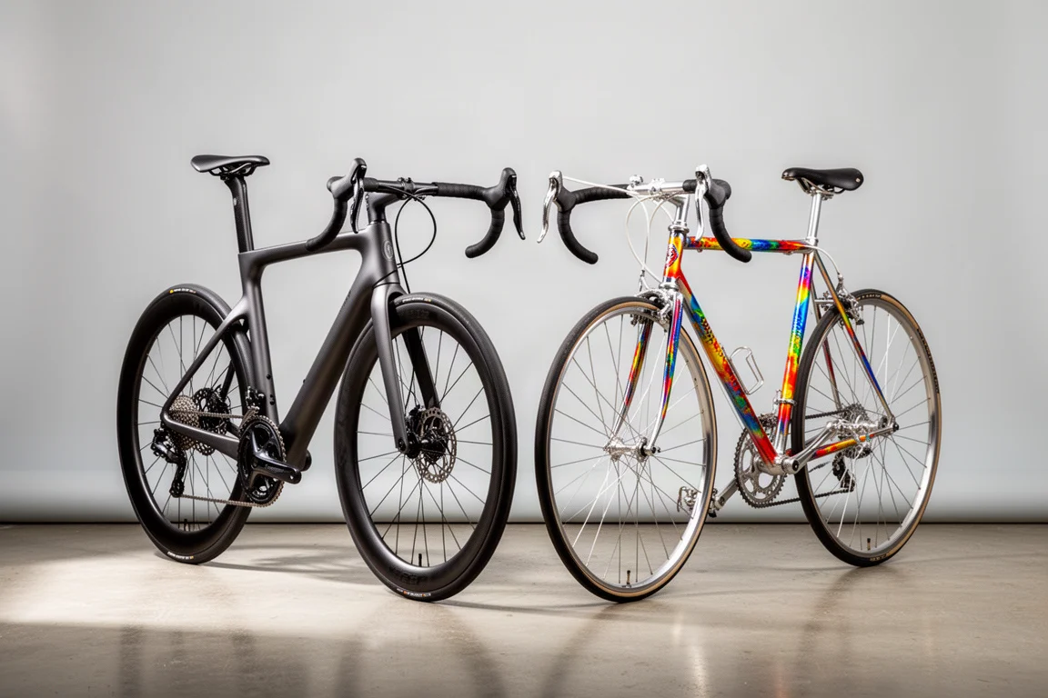 Moderne carbon racefiets en klassieke stalen racefiets naast elkaar op een betonnen vloer