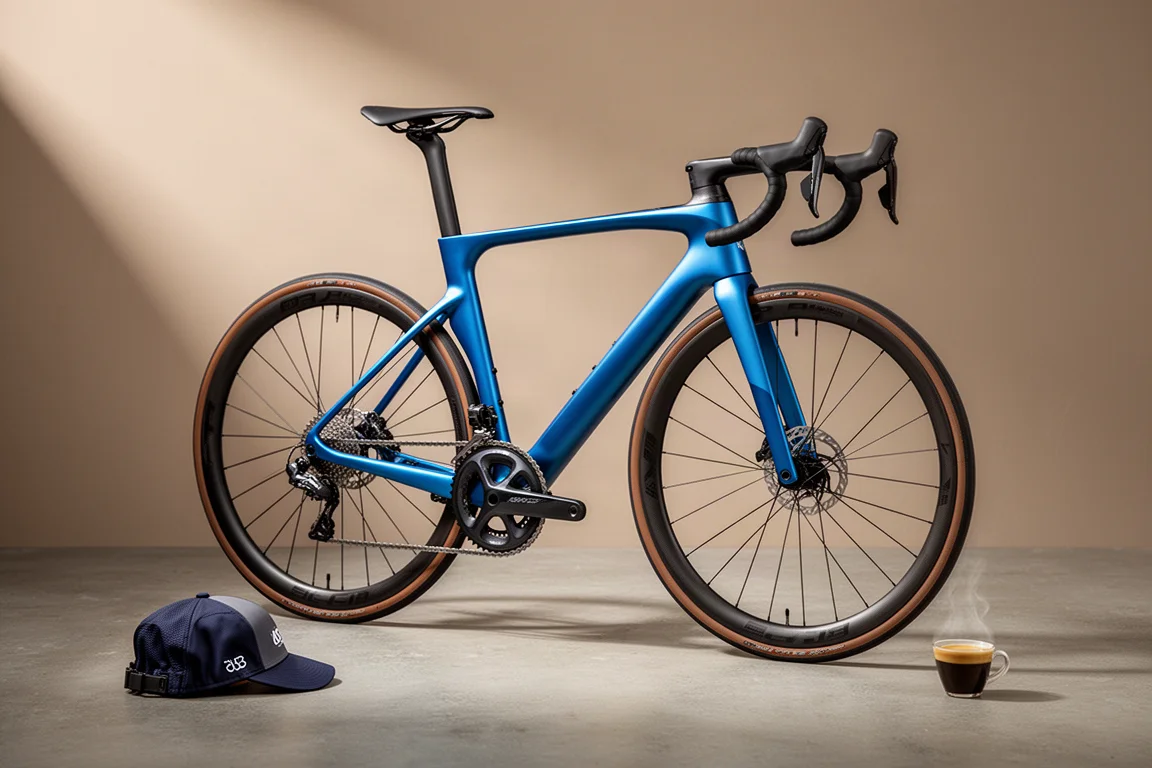 Handbuilt Italian carbon road bike in three-quarter view on a concrete floor