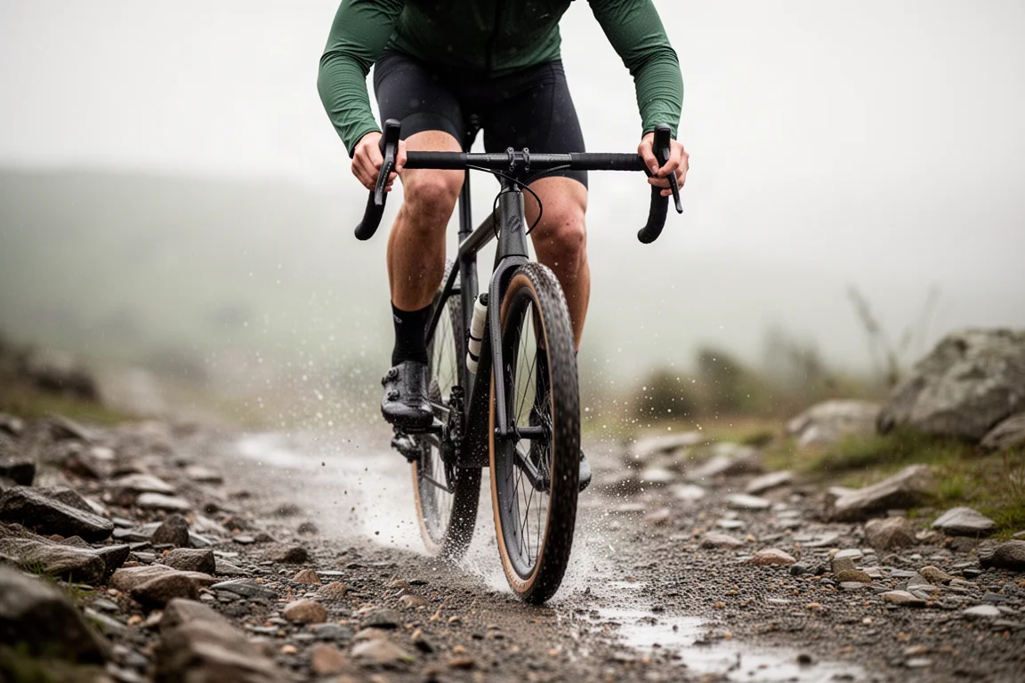 Schlammiges Gravelbike lehnt nach einer nassen Fahrt an einer Steinmauer