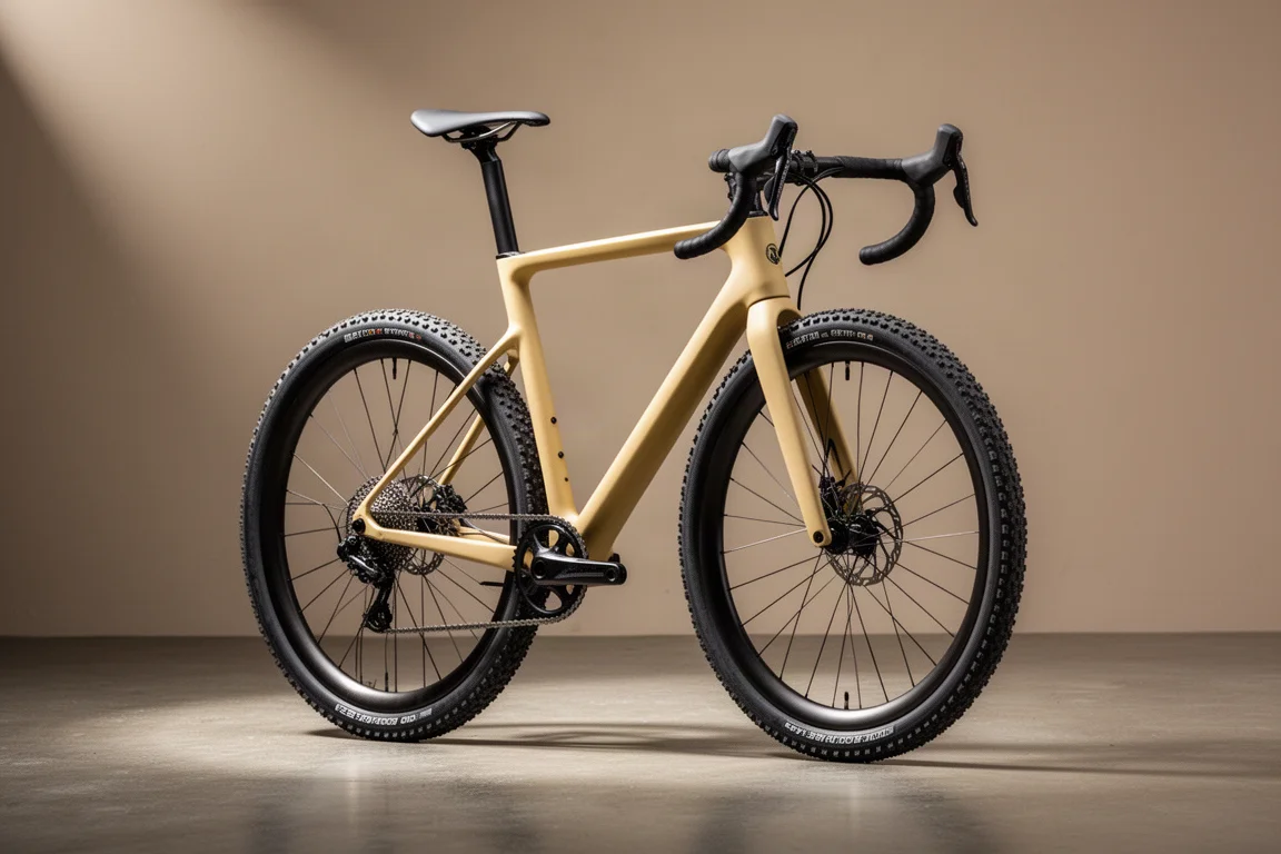 Zandgele carbon gravelracefiets met geïntegreerde cockpit in zijaanzicht op beton