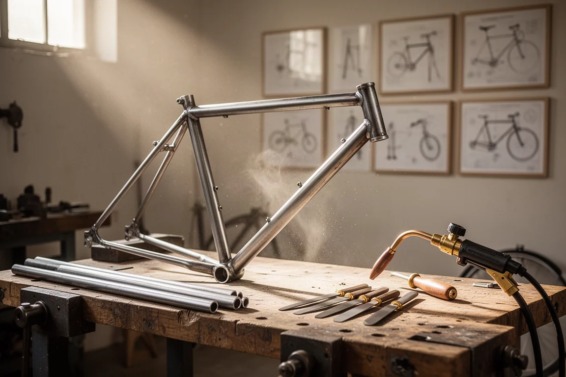 Tubes de vélo en acier non peints et raccords métalliques imprimés sur un établi d'atelier