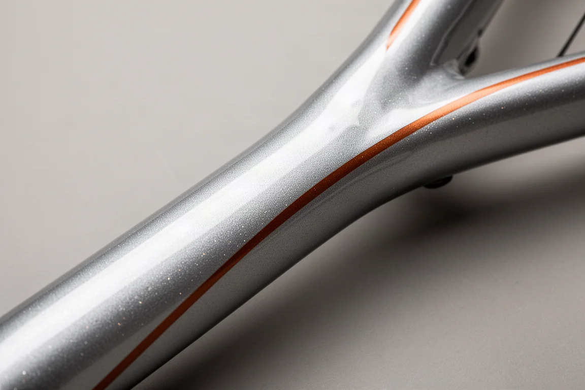 Vélo de route en acier argenté avec des détails cuivrés exposé dans un showroom minimaliste