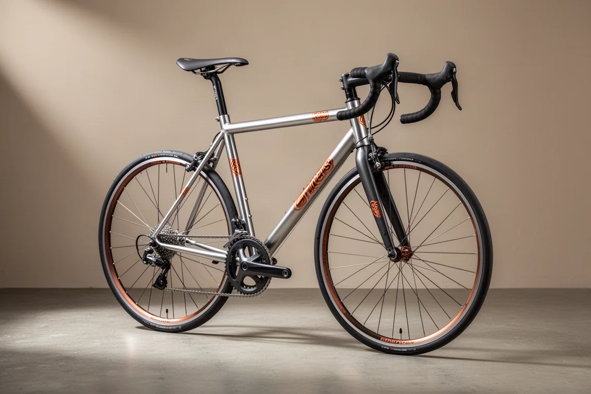Stalen racefiets met metallic zilveren frame en koperen accenten in een werkplaats