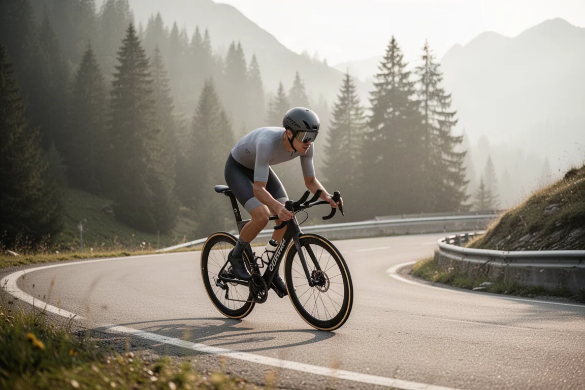 Ciclista de carretera ascendiendo por una curva alpina soleada en una bici de carreras aerodinámica