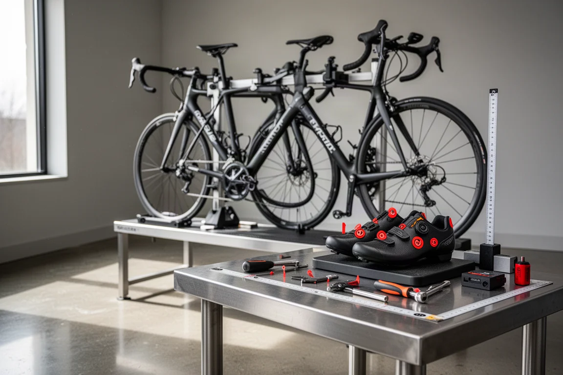 Estudio de biomecánica con una bici de carretera montada en un soporte de ajuste estático