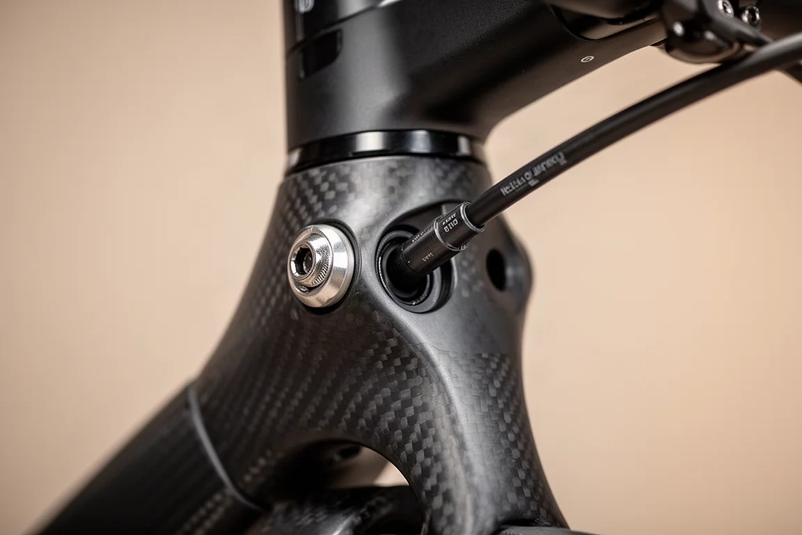 Detalle macro del tubo de dirección de una bici con un solo tornillo de compresión y puerto para el latiguillo de freno