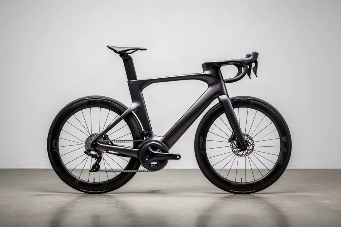 Aero road racing bike with no seat tube shown in profile on a neutral backdrop