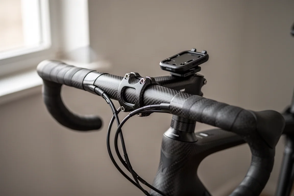 Gros plan sur un cintre intégré de vélo de route aéro avec multi-outil dissimulé