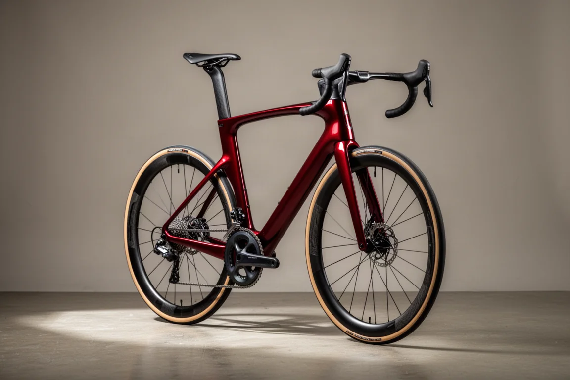 Zilveren en zwarte carbon racefiets gefotografeerd op een betonnen studio-ondergrond