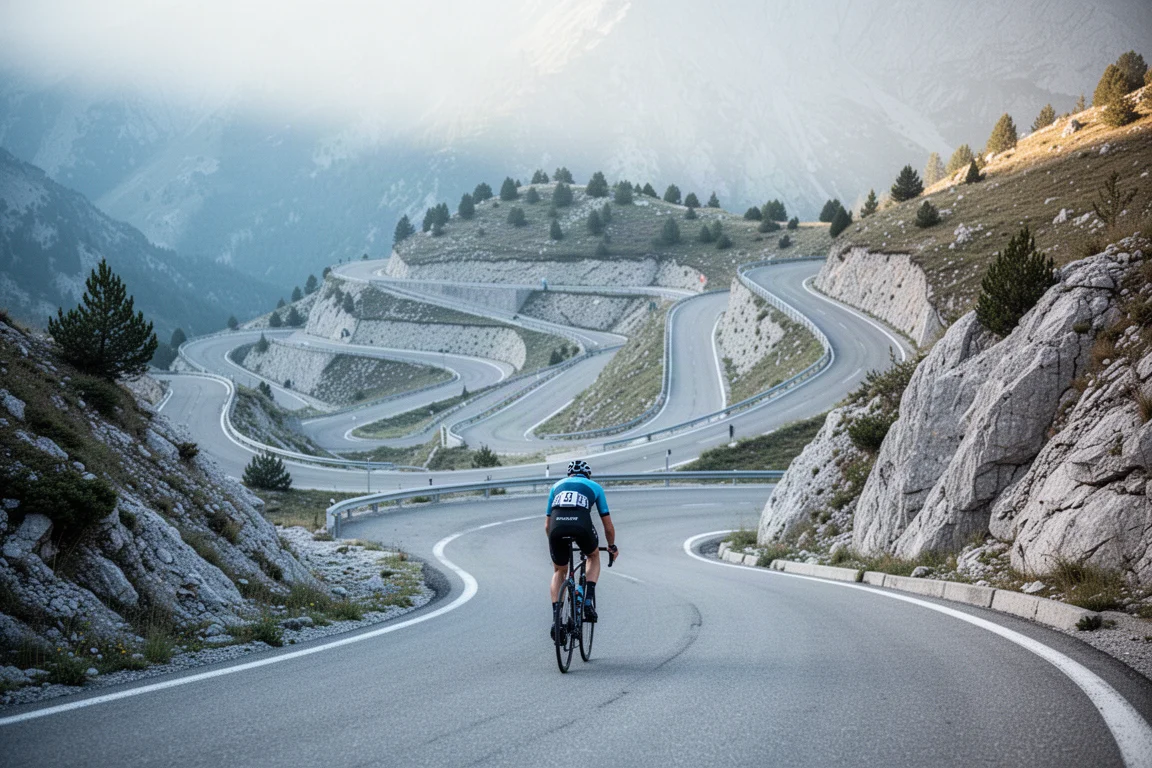 Ciclista subiendo una empinada carretera de montaña al amanecer con niebla en el valle