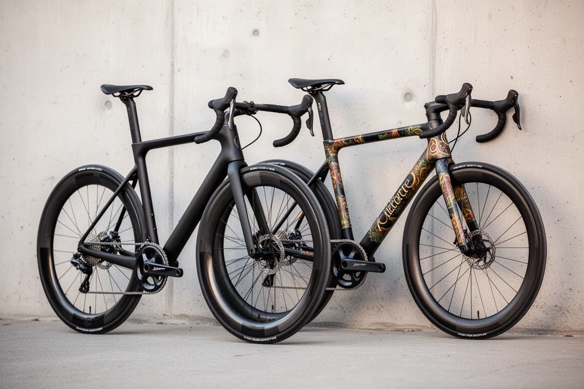 Twee carbon racefietsen naast elkaar in een heldere studio met betonnen vloer