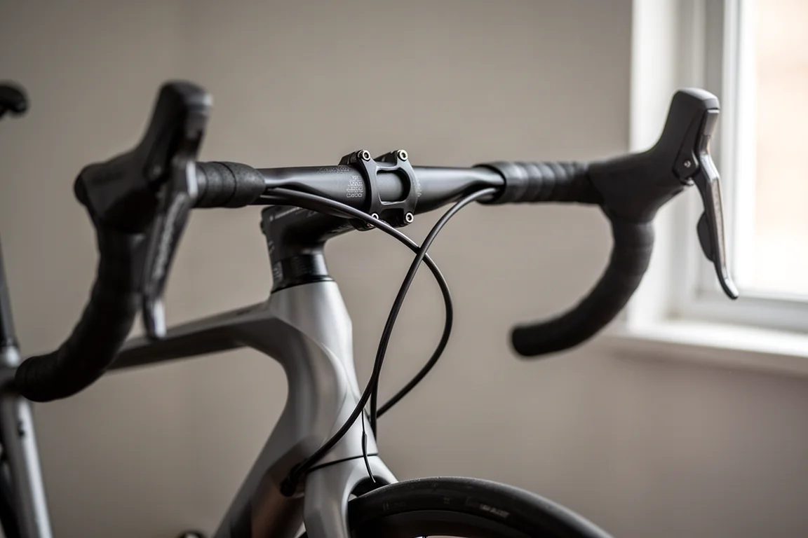 Zbliżenie zintegrowanego kokpitu roweru szosowego z przewodami prowadzonymi wewnątrz ramy