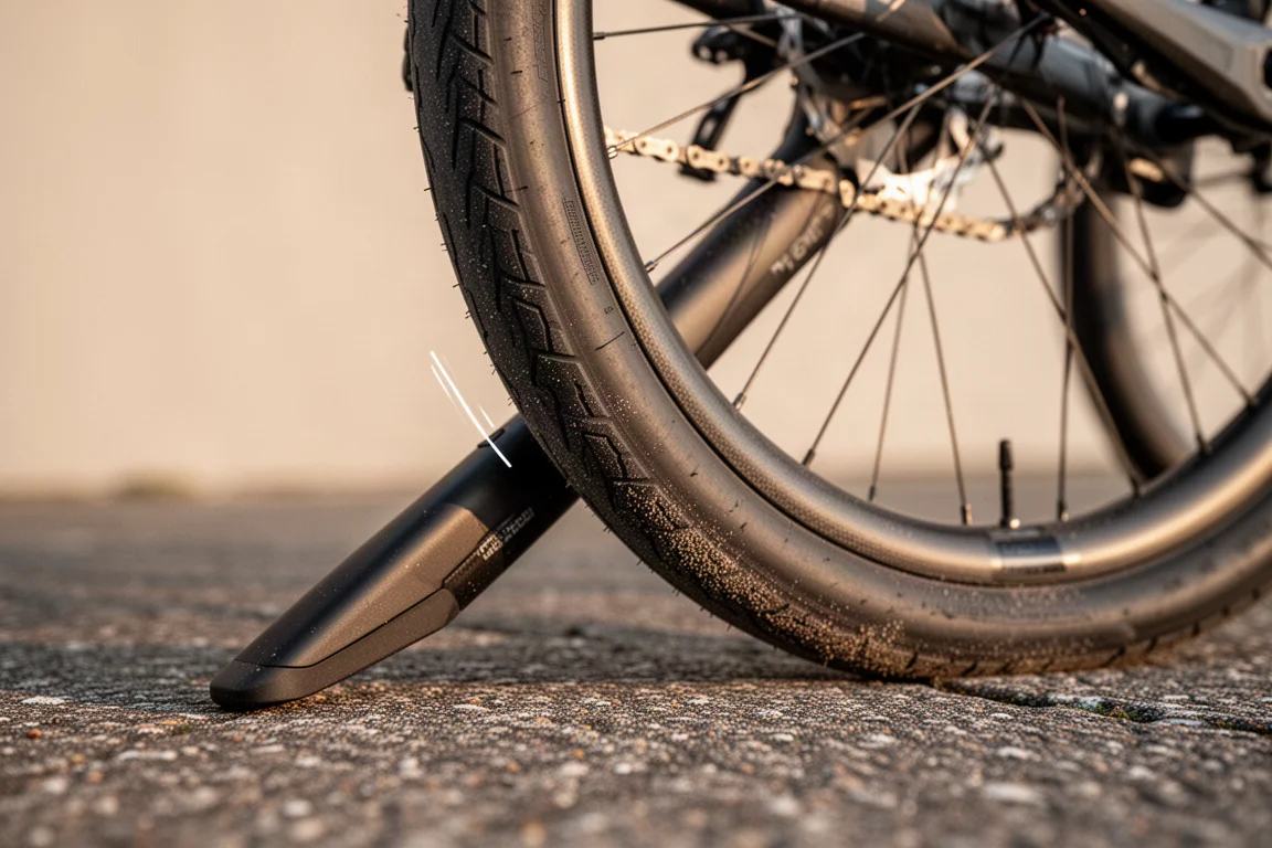 Szeroka opona roweru szosowego na szorstkim asfalcie pokazująca prześwit w ramie