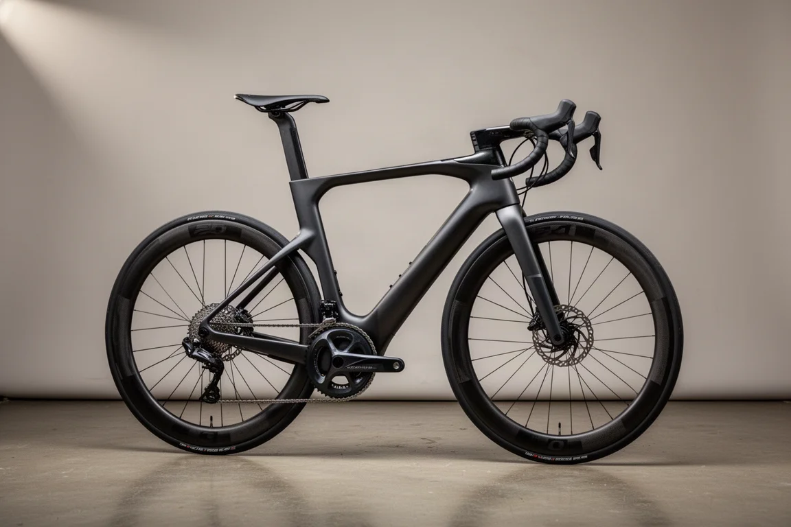Modern carbon road race bike in profile on a matte concrete floor with grey backdrop