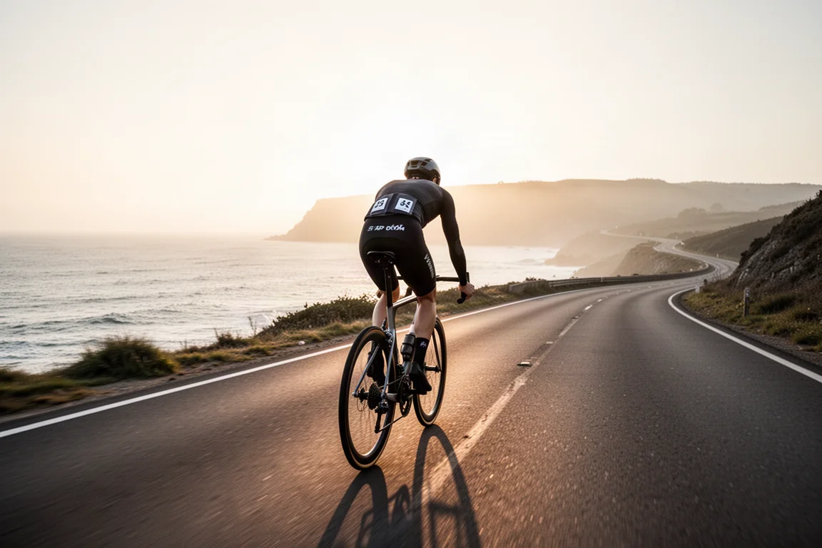 Ciclista rodando en una bicicleta de carretera de carbono por una carretera costera junto al mar