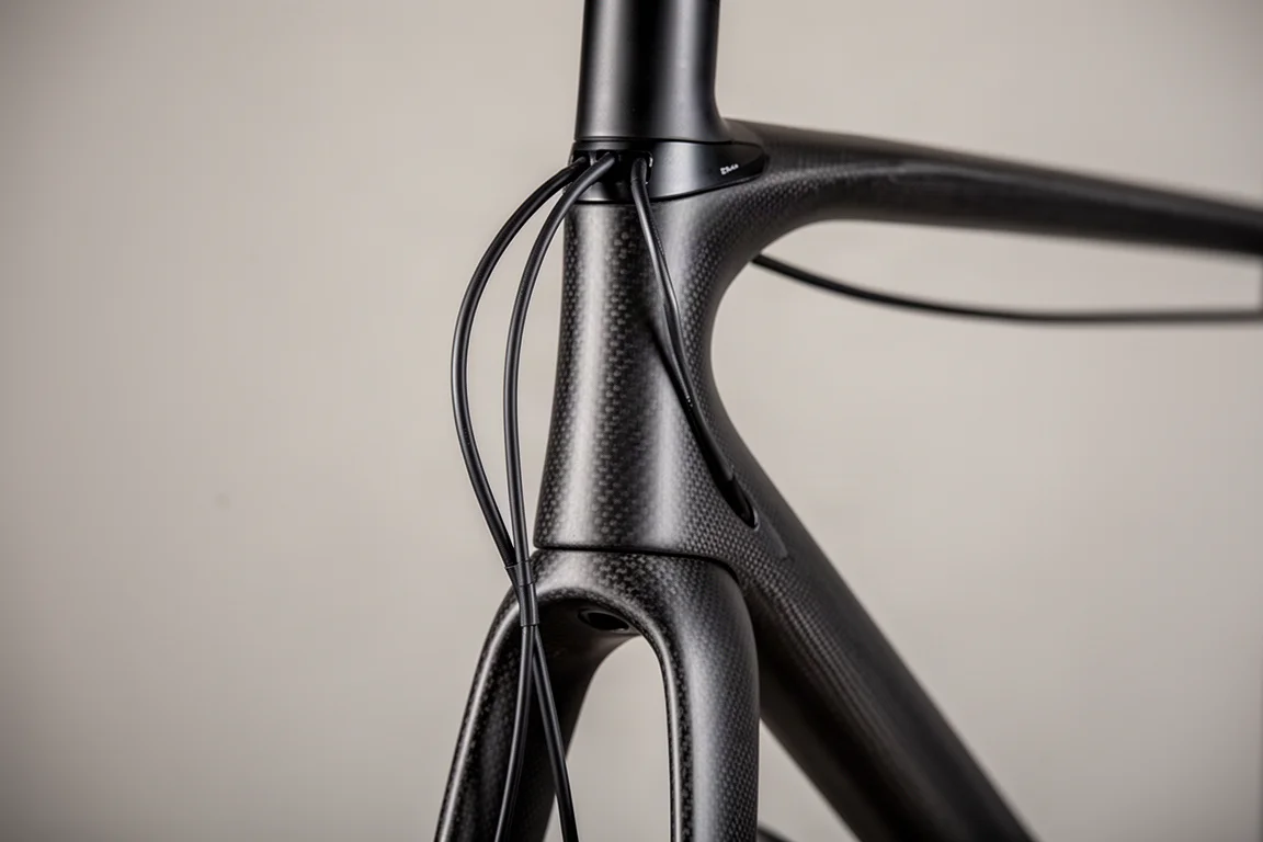 Primer plano de una tija aero fina y la zona de la abrazadera del sillín en un cuadro de carretera de carbono