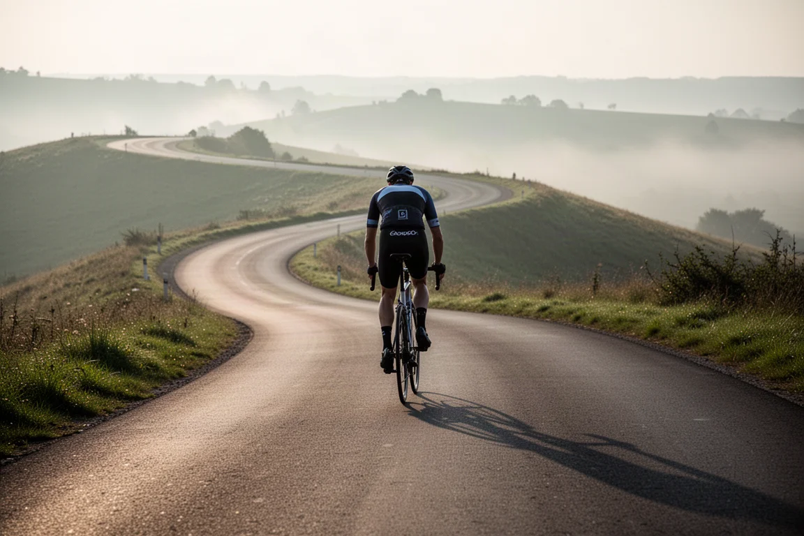 Composición plana de esenciales de ciclismo sobre hormigón: casco, zapatillas, ciclocomputador y bidones