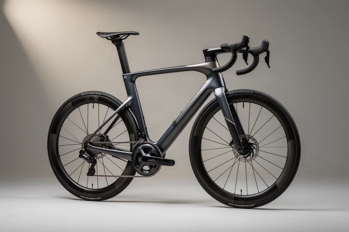Mat carbon racefiets met diepe velgen, gefotografeerd tegen een lichtgrijze studioachtergrond