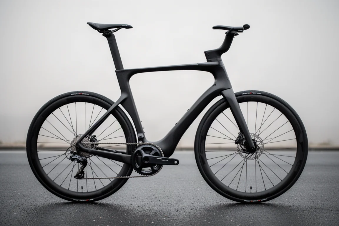 Manos del ciclista sobre un manillar aero partido bajo en una posición larga y estirada