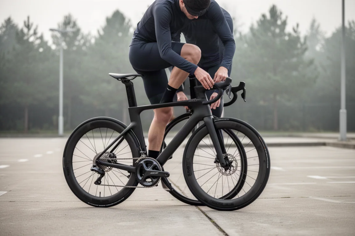 Taller de bicicletas premium con bicicletas de carreras alineadas bajo una luz cenital suave