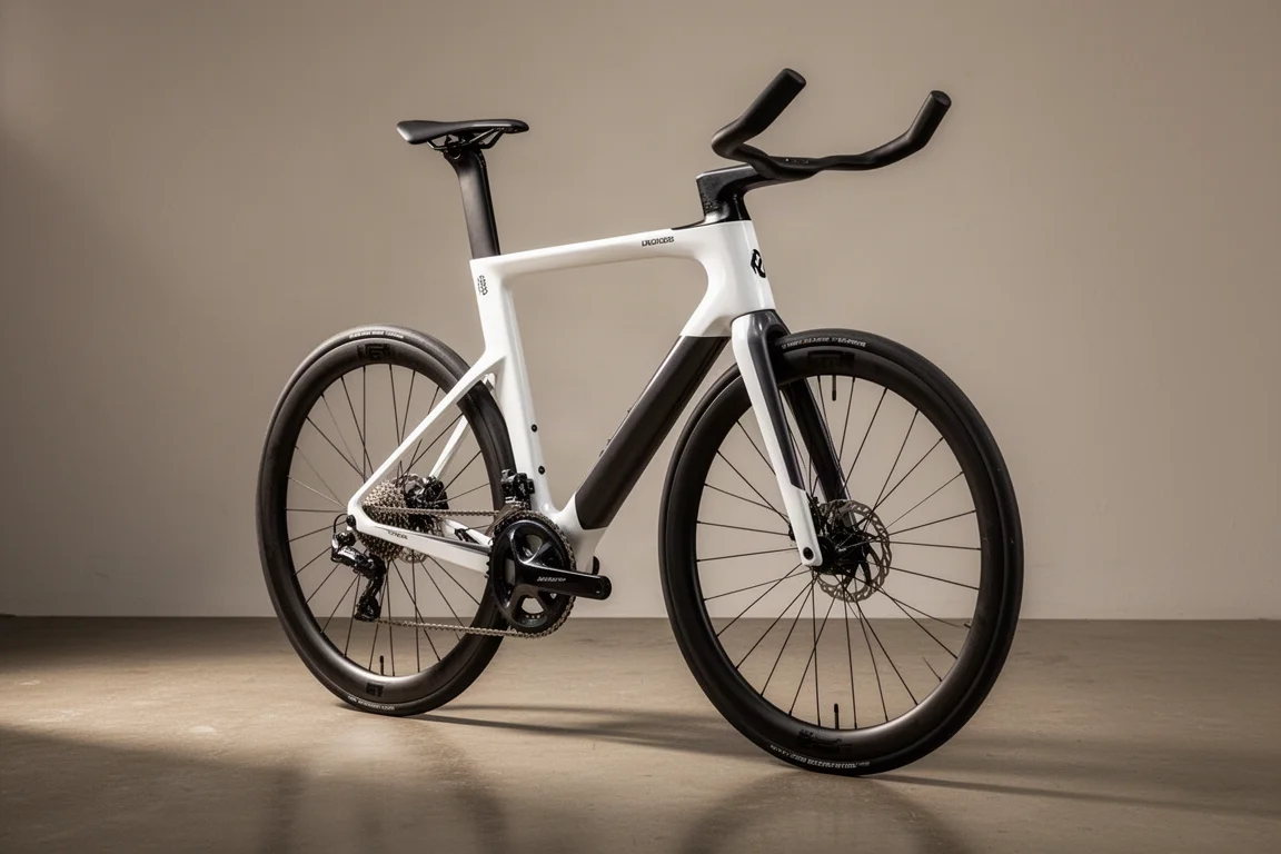 Hoekige aeroracefiets met split cockpit en hoogprofielwielen in een studio