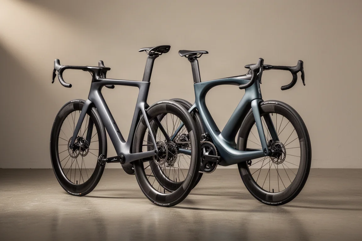 Twee aeroracefietsen met diepe carbon buisprofielen naast elkaar op een betonnen ondergrond