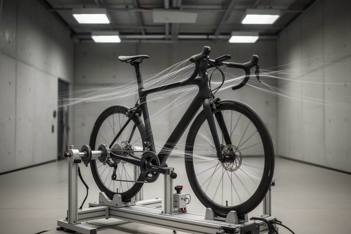 Landsdvägscykel monterad i en rigg i en vindtunnel med luftflödesstrimlor
