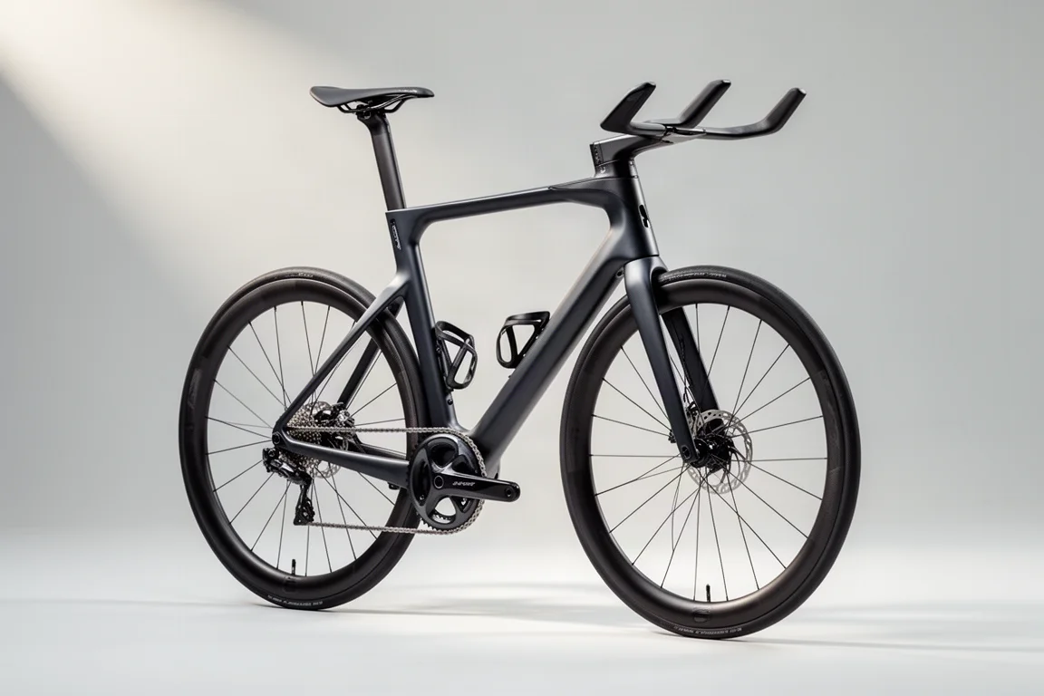 Hoekige aeroracefiets met diepe framebuizen en split-stem cockpit op een grijze studiobackdrop