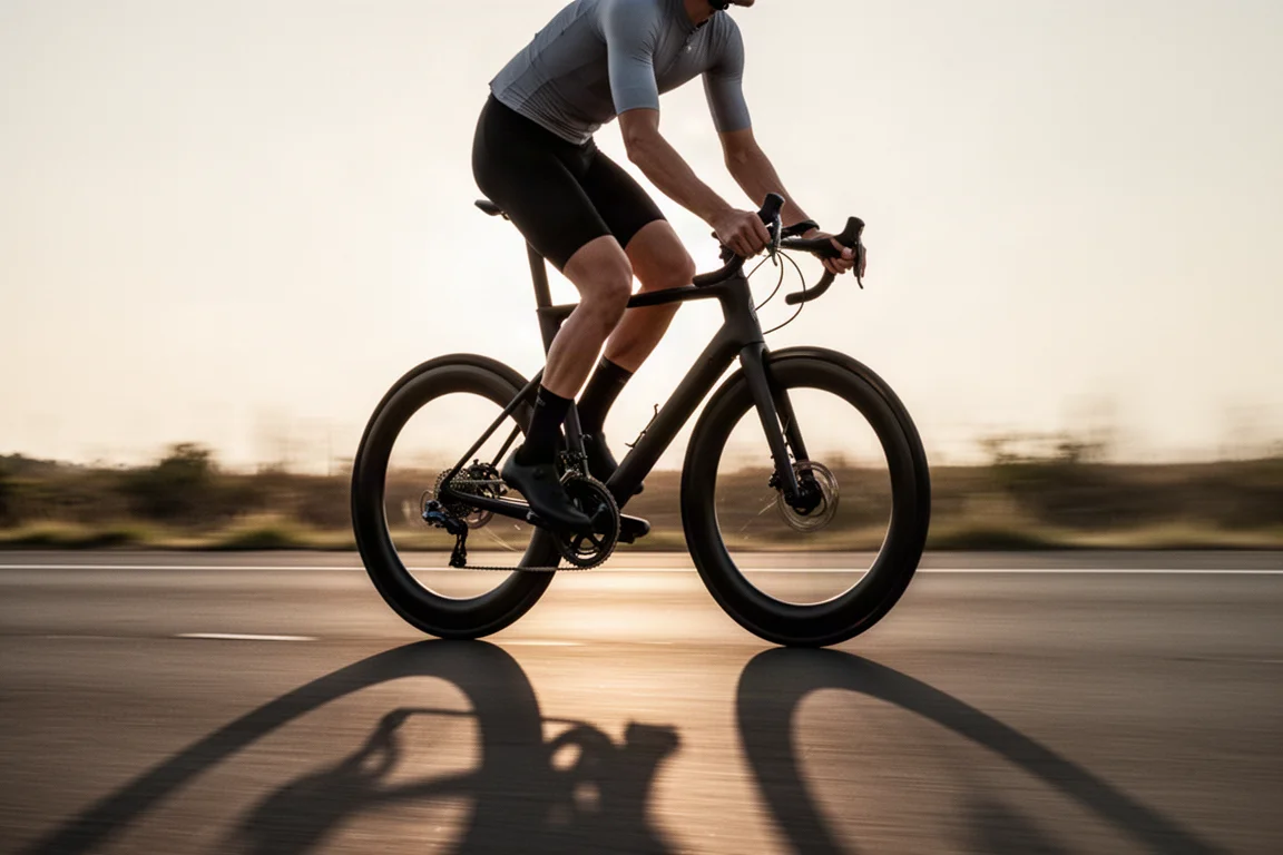 Ciclista su strada che pedala a velocità sostenuta su una strada aperta e scorrevole nella luce bassa del sole